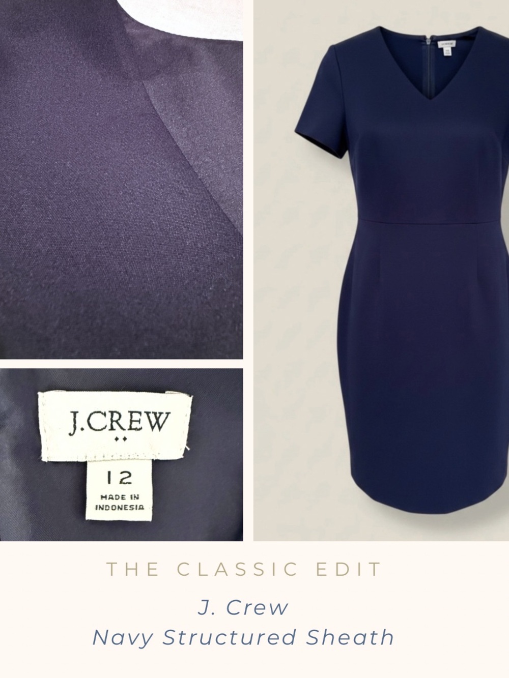 J.Crew Navy Structured Sheath Dress | Minimalist V-Neck | Fully Lined | Classic